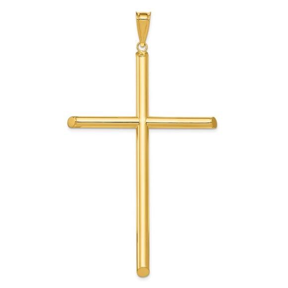 14k Yellow Gold X-Large 4mm Hollow Tube Cross Pendant 41 x 75mm